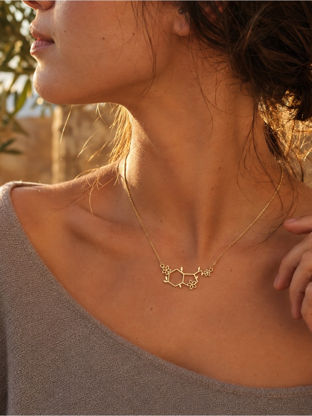 Gold Tone Serotonin Dopamine Molecule Floral Necklace